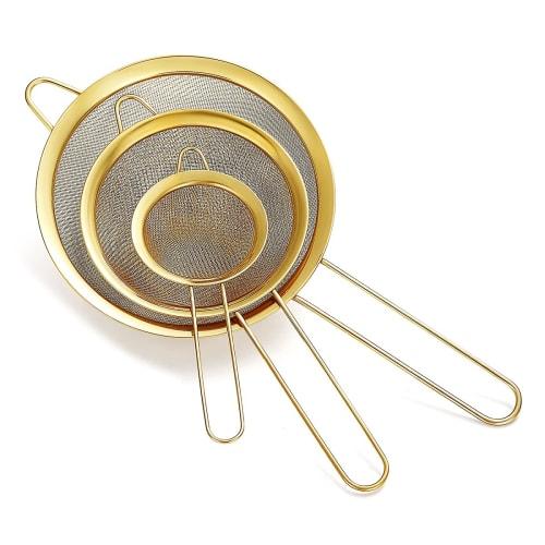 

Set of 3 Gold Fine Mesh Strainers, Golden Flour Sifter for Baking, Stainless Steel Clunder, Gold Matcha Tea Strainer, Gravy Separator, Stasher Sieve P