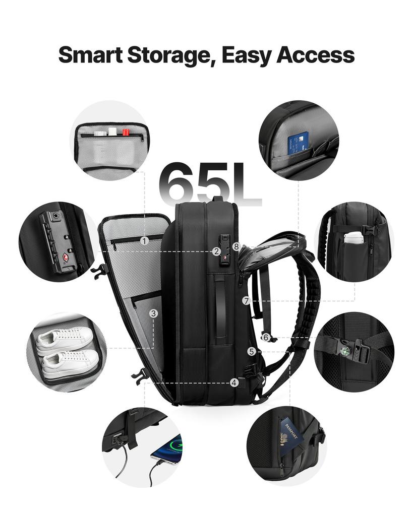 VEVOR Vacuum Travel Backpack, 65L, Expandable Vacuum Seal Compression Travel Backpack, with TSA-Approved Lock, Multiple Pockets Compartments