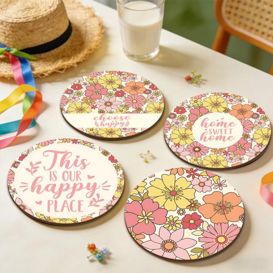 Tabletop Drink Holders 4PCS Easter Flower Coasters Set, Thick Cork Base Non-Slip Heat Resistant Non Slip Wood Coasters, Floral Print Decorative