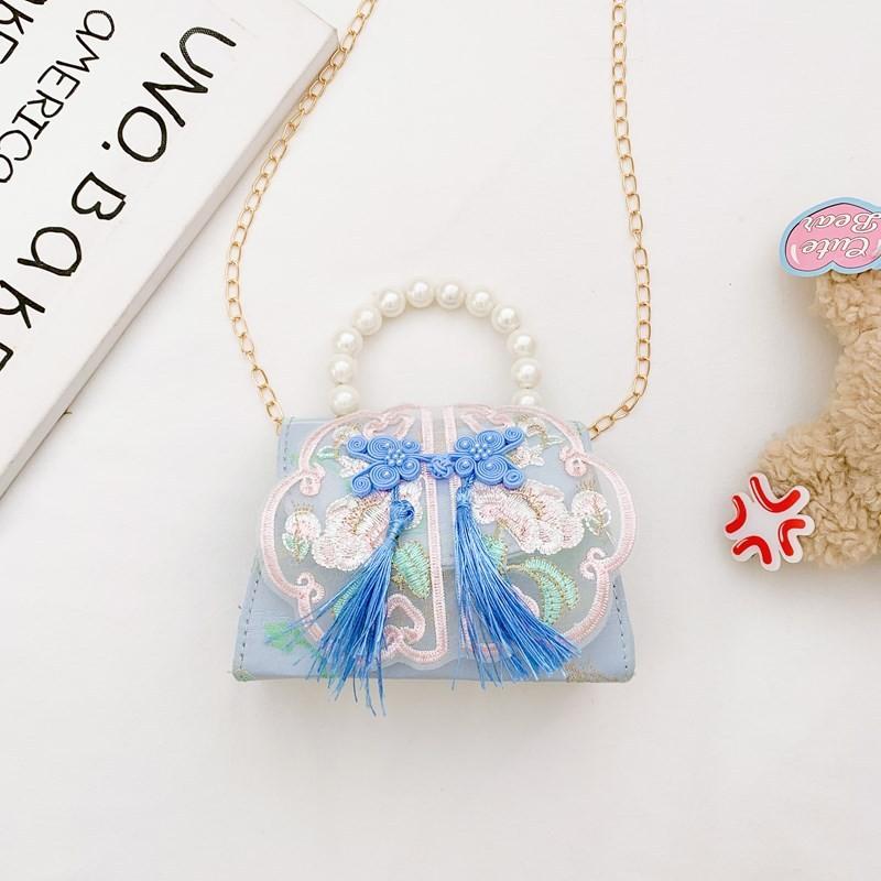 Lovely Geometric Patterned Shoulder Bag For Kids Featuring Chic Tassels And Elegant Pearls