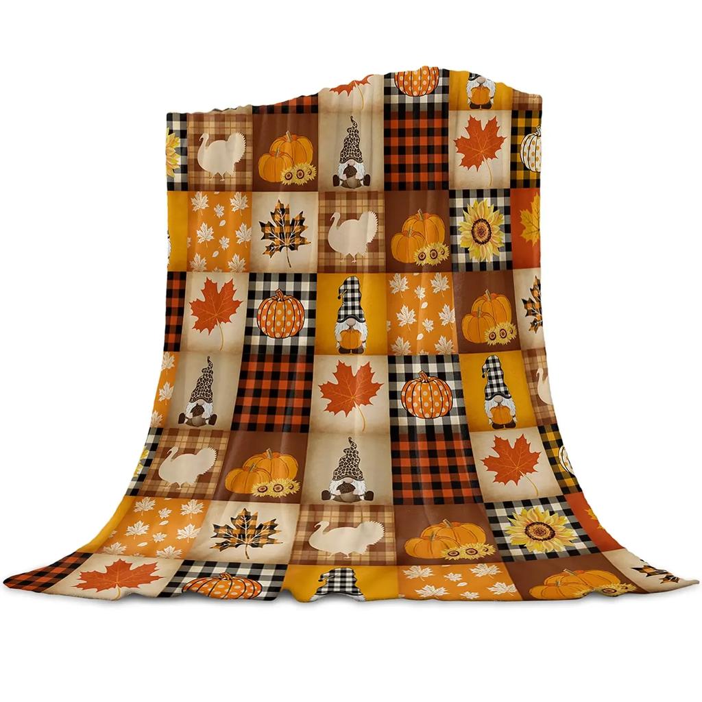 Thanksgiving Pumpkin Blanket Super Soft Flannel Throw Blankets Pumpkin Turkey Maple Leaf Gnome Plaid Blanket Plush Blankets Gift