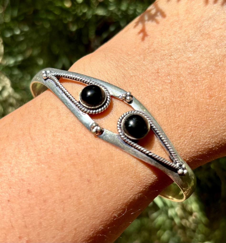 925 Sterling Silver Plated Handmade Cuff Bangle Jewelry, Adjustable, German Silver, Natural Black Onyx Gemstone, Healing Bangle