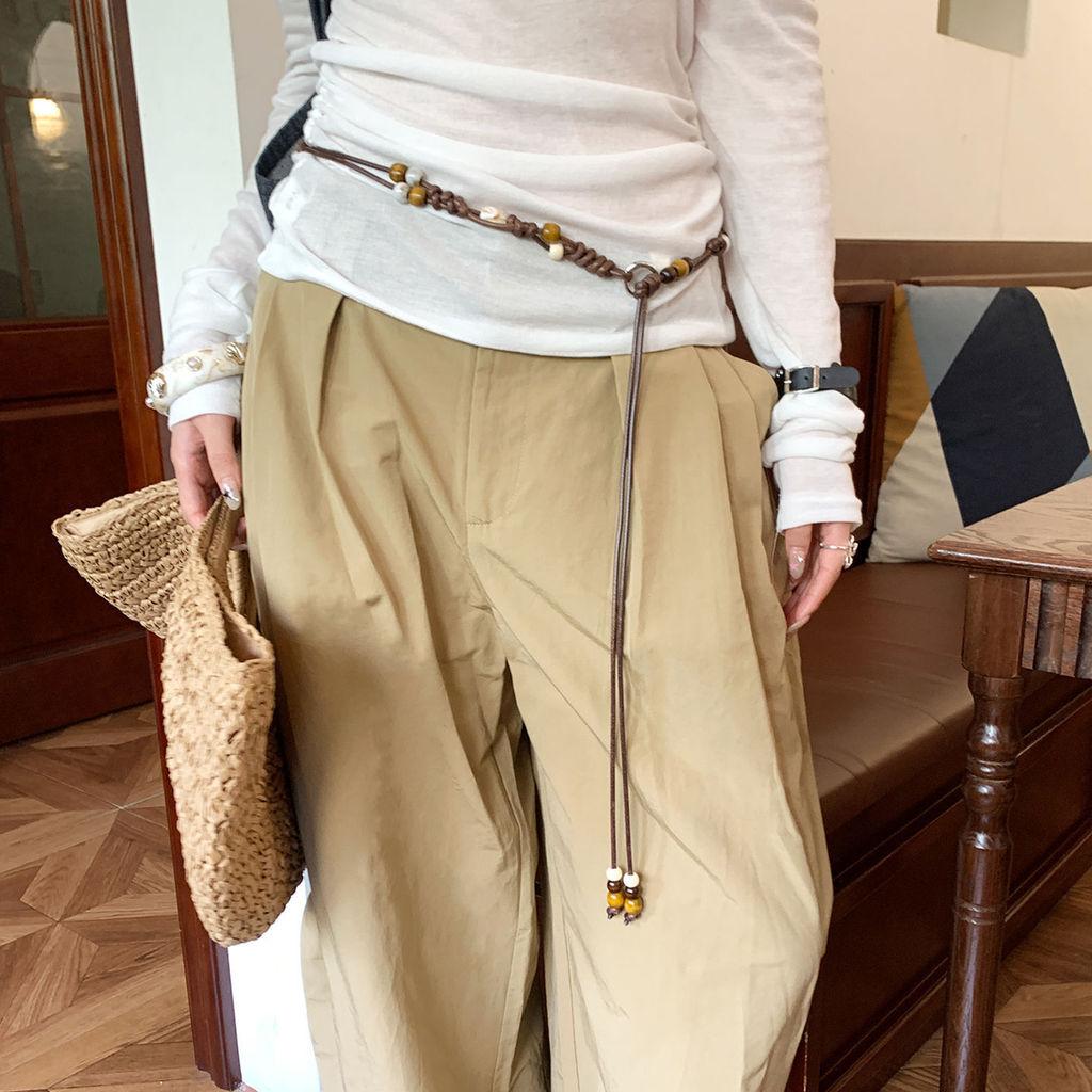 Handgewebter Damen-Taillengürtel im ethnischen Stil aus PU-Leder mit Perlendetails für Freizeitkleidung