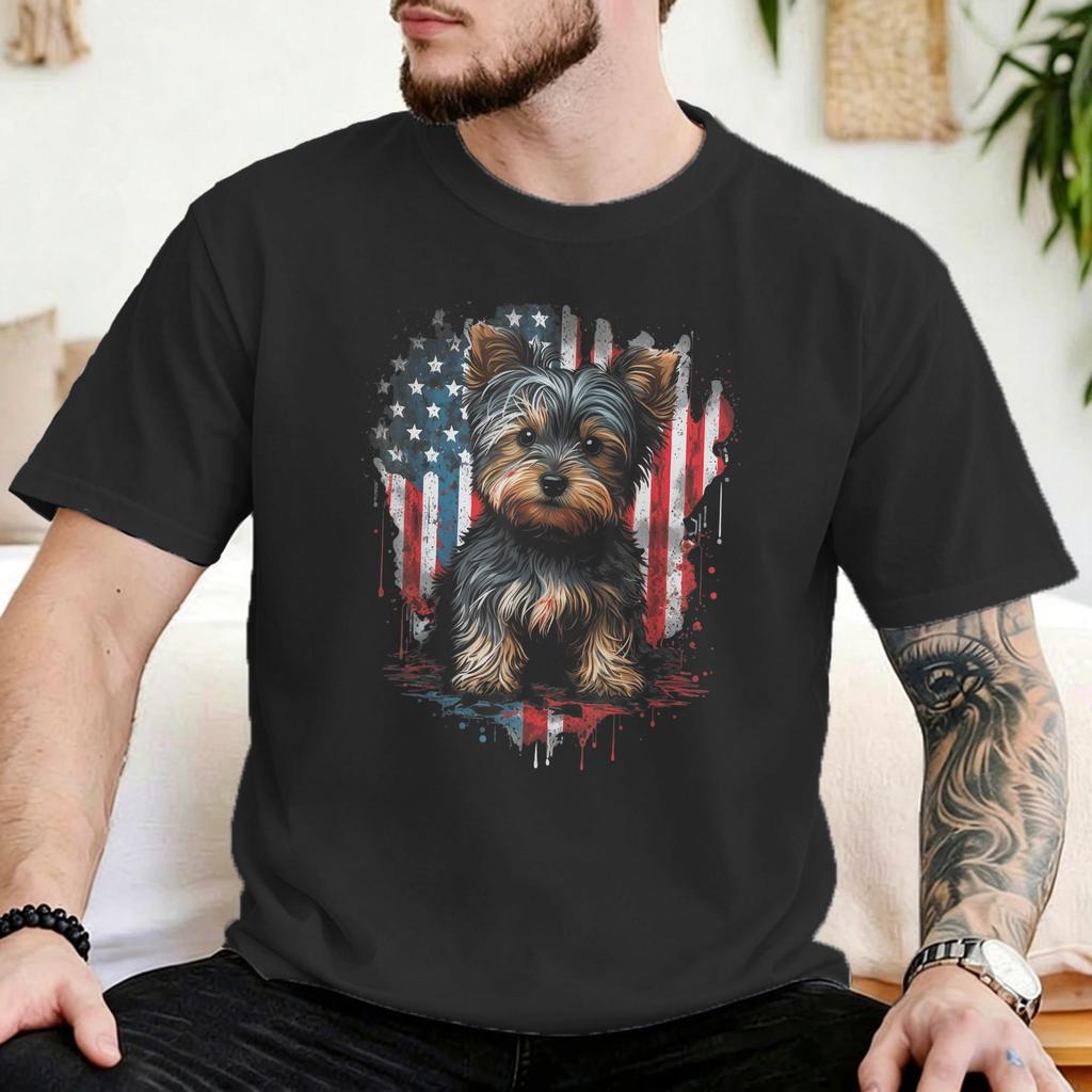 Funny USA Patriotic American Yorkshire Terrier TShirt for Unisex Unisex Crew Neck Cotton T Shirts Tee Shirt Big Size Clothes