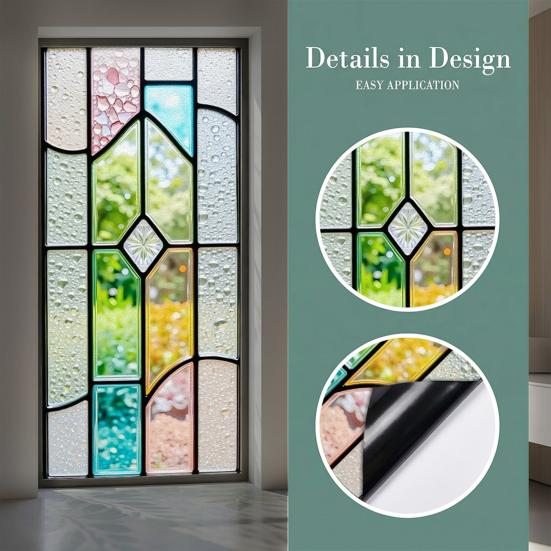 Fenster Sichtschutzfolie Statischer Glasaufkleber Klebstofffrei Blickdichte Sichtschutzfolie Retro Farbige Fensterdekoration Pflegeleicht für Badezimmer und Schlafzimmer
