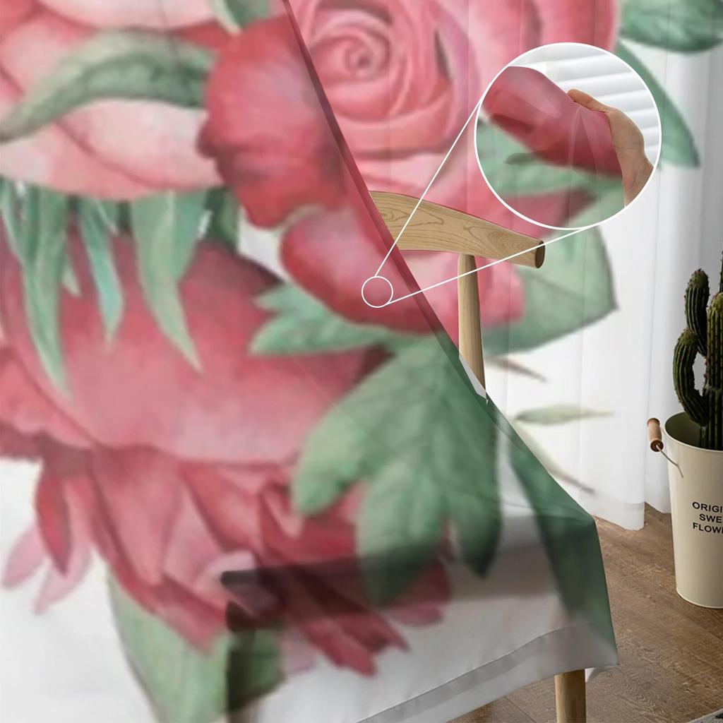 Rose Flower and Leaves Tulle Window Curtains for Living Room Yarn Sheer Voile Curtain for Bedroom Kitchen Drape Decor