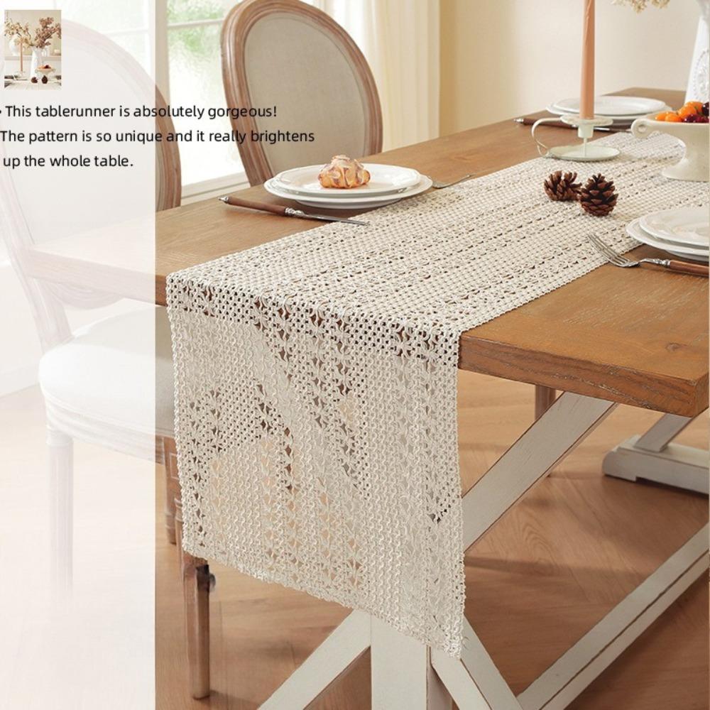 Vintage Linen Cotton Christmas Table Runner American Style Lace Weave Fringe Holiday Decoration