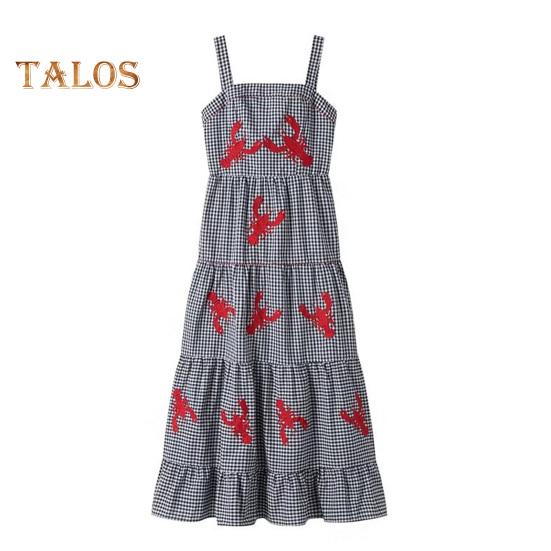 

Летнее женское платье с вышивкой омара без рукавов в клетку с квадратным вырезом трапециевидной формы со свободным подолом в стиле пэчворк, дышащее мягкое пляжное платье миди для отдыха L чёрный