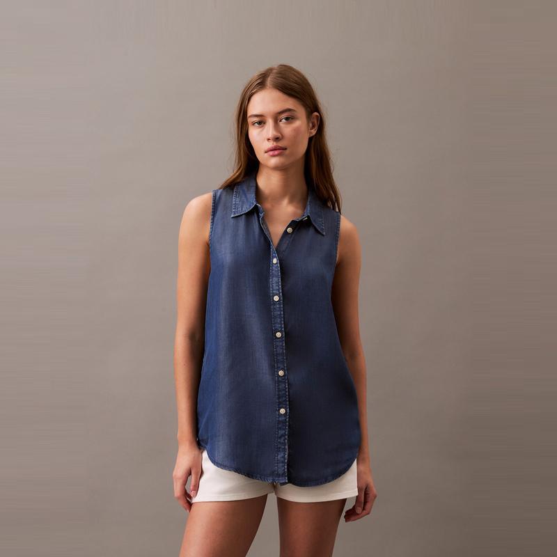 Calvin Klein Relaxed Casual Commuter Loose Fit Sleeveless Shirt Women tops Denim-Blue 47B098G