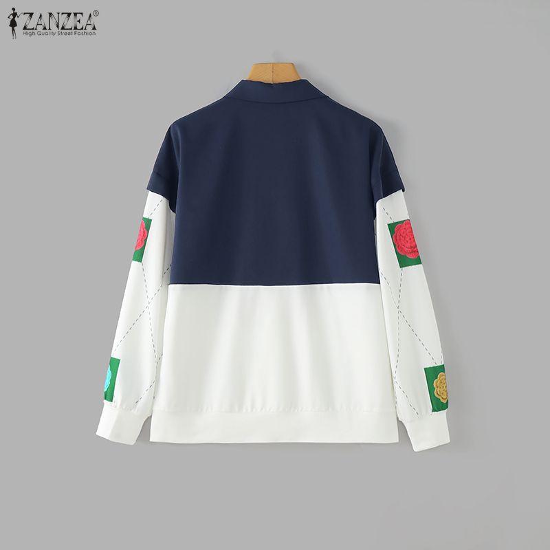 ZANZEA Women Turn Down Collar Long Sleeve Patchwork Blouse