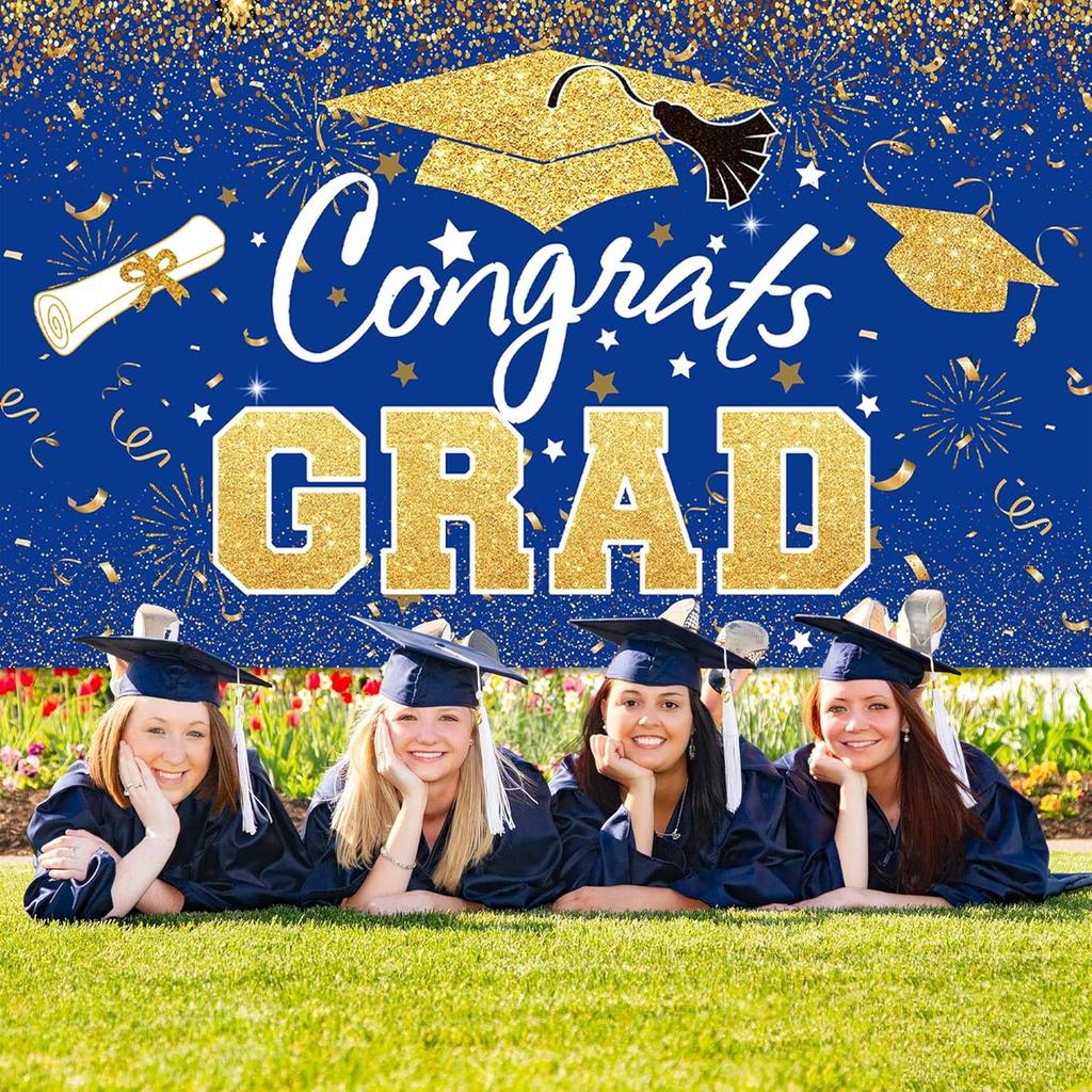 Graduation Party Decorations - Blue Gold Congrats Grad Class of 2025 Backdrop Banner Large Sign Wall Decorations Photography Background Party