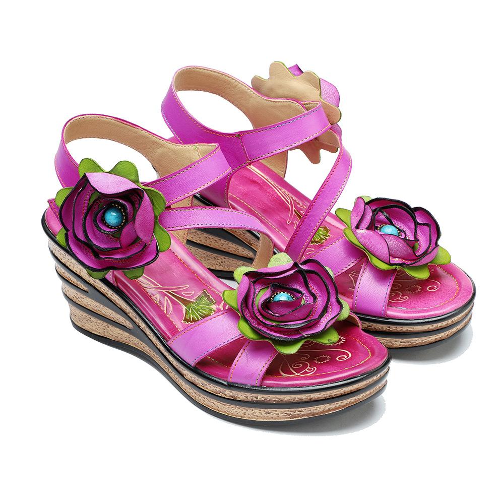 Johnature Vintage-Blumen-bequeme Sommer-Wedges-Sandalen aus echtem Leder, handgefertigt, ethnischer Stil, Damenschuhe