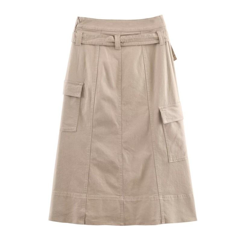 Womens Winter Fashion Belted Cargo Midi Skirt Solid Color Straight Fit Street Style