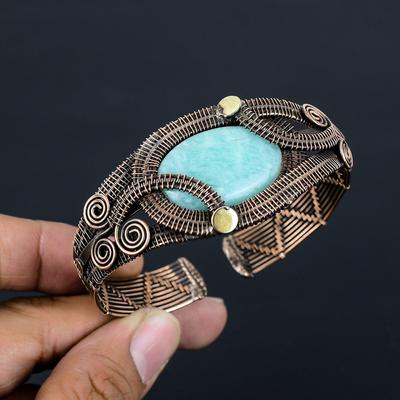 Incredibili gioielli con bracciale/bracciale fatti a mano avvolti in filo di rame puro con pietra preziosa acquamarina
