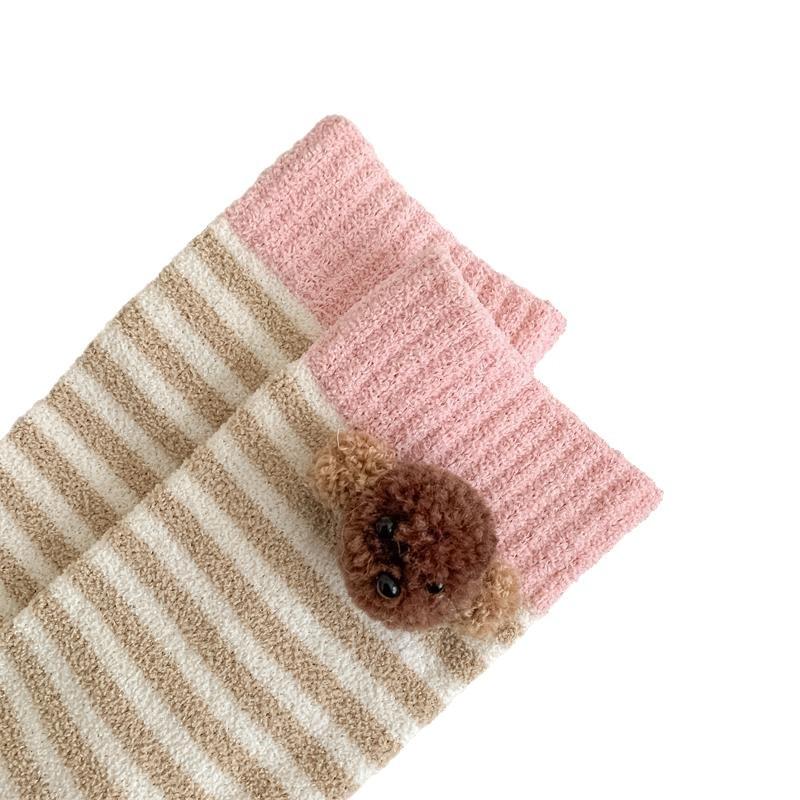 2 Pairs of Striped Three-dimensional Plush Dog Socks, Trendy Brown Dog Head Cute Mid-calf Socks, Casual and Comfortable