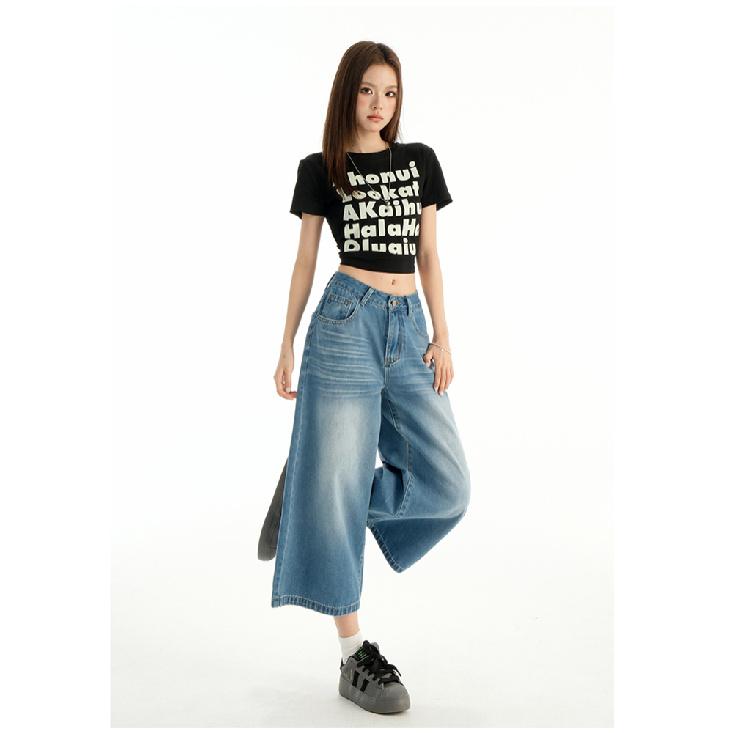 High Waist Calf-Length Denim Pants Women'S Retro Washed Harajuku Wide Leg Jeans Casual Loose Y2K Streetwear Mid Long Denim Jeans