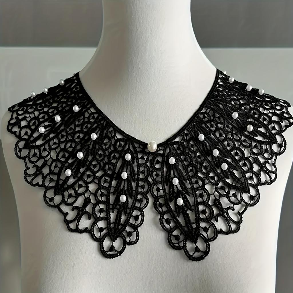 Damen Schwarze Spitze Falscher Kragen Blumenmuster mit Verzierungen, Leichter Sommer Abnehmbarer Schulter-Stil Faux-Kragen