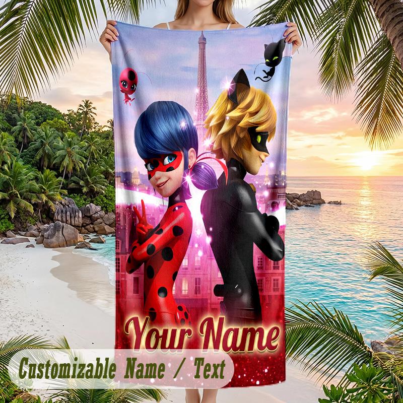 Miraculous Ladybug Strandtuch, Personalisiert mit individuellem Text, Schnelltrocknendes weiches großes Handtuch für Schwimmbad und Reisen