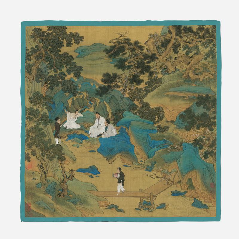 53CM Twill Silk Scarf  China Style Painting Square Scarves Wraps Bandana Small Hijab Silk Foulards Tie Headband Neckerchief