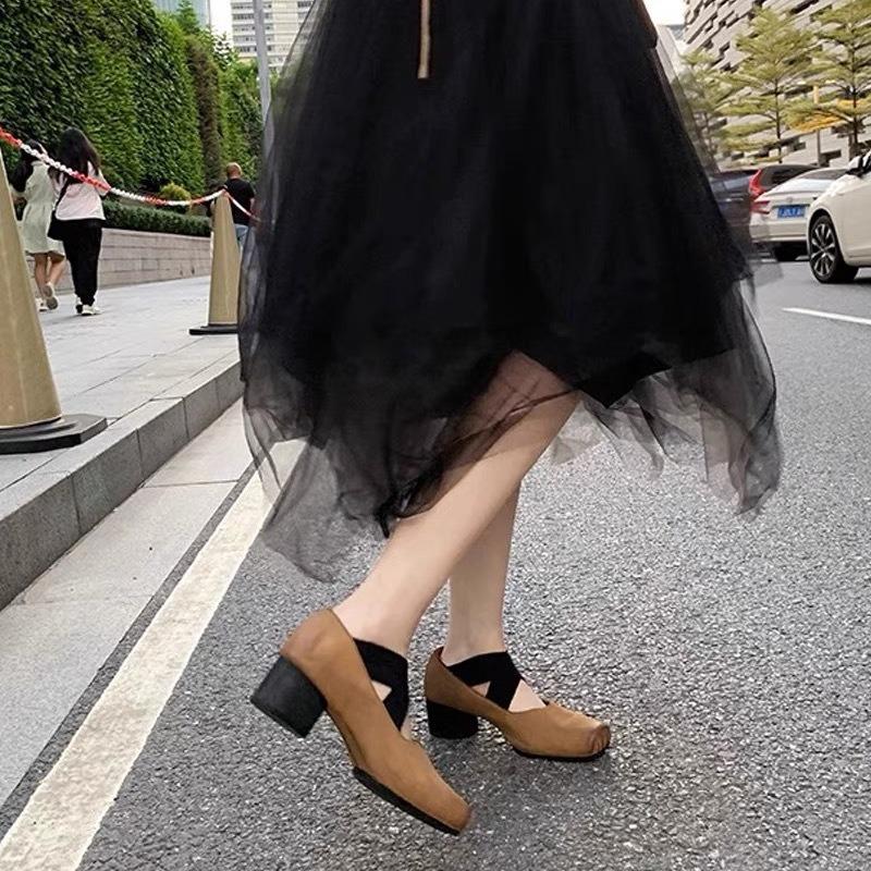 Shoes UMA square head polished retro cross strap cowhide thick heel single shoes spring