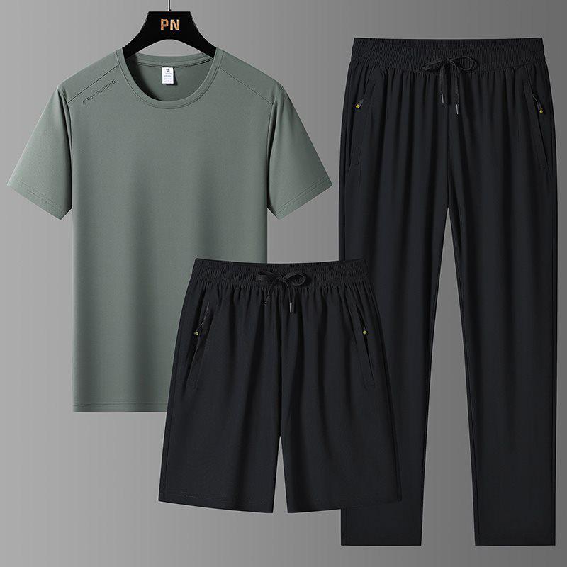 Completo estivo da uomo in seta ghiaccio a tre pezzi: T-shirt Girocollo, Pantaloncini e Pantaloni Lunghi Tuta Sportiva Casual