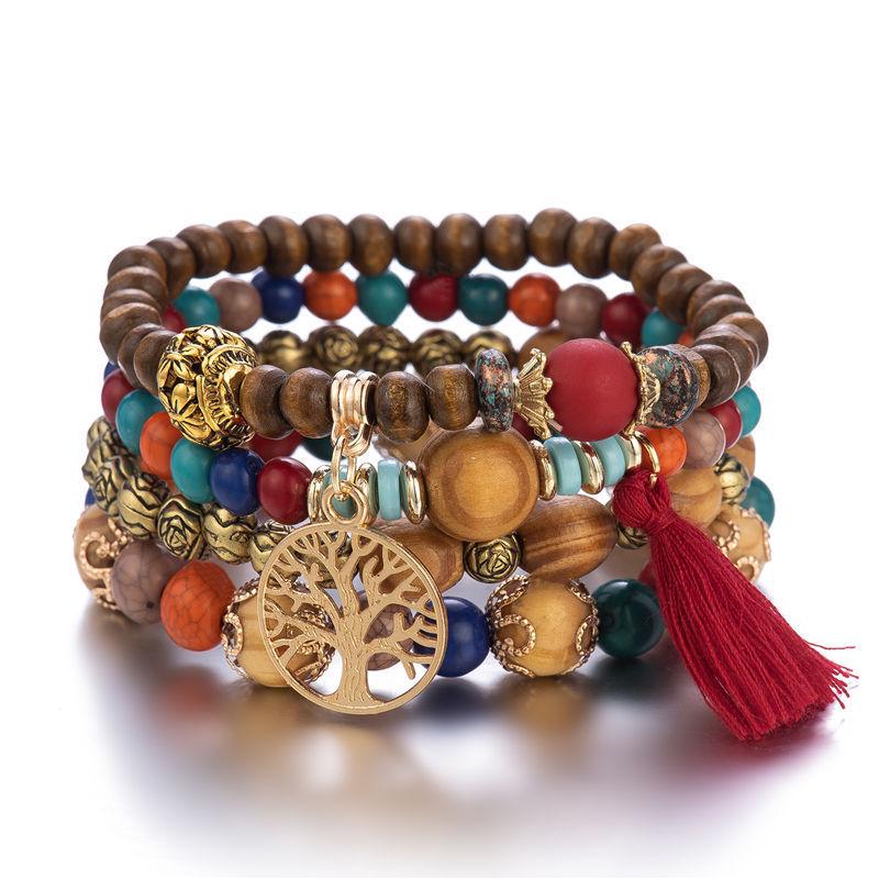 Bohemian Multi-Layer Wooden Bead Elastic Bracelet