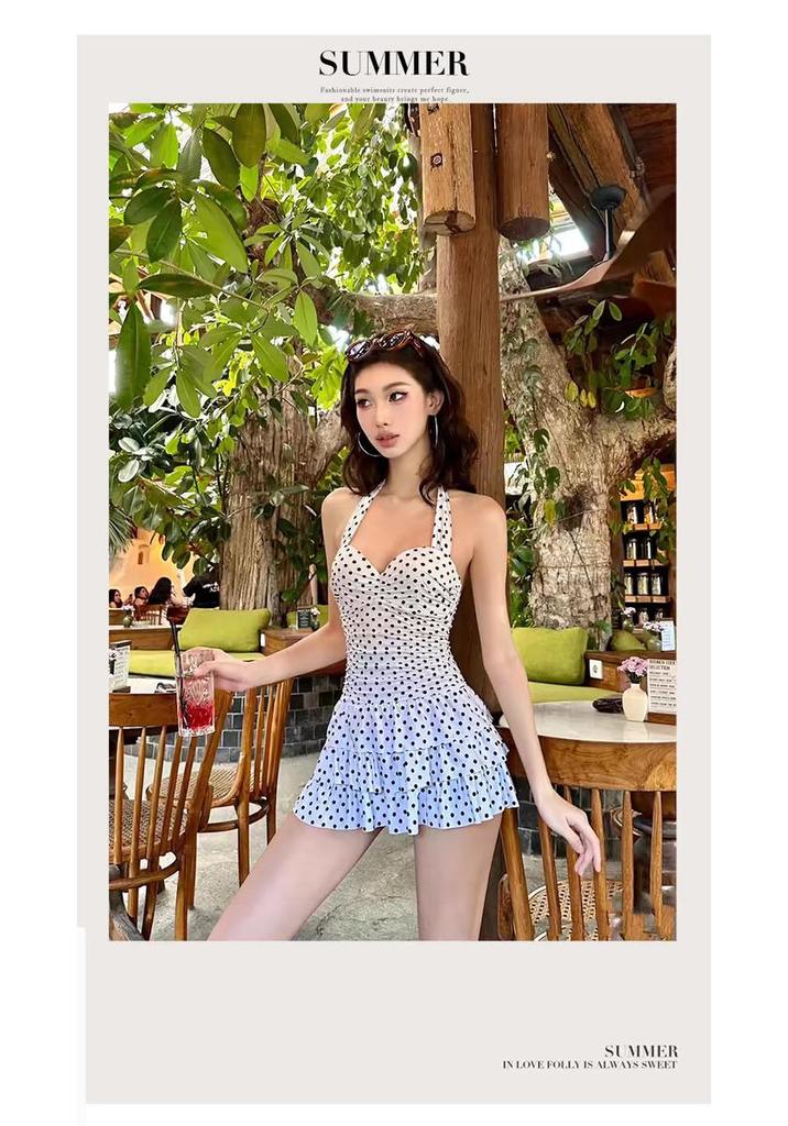 Costum de baie 2024 cu buline, cu push-up, pentru fete, Subțiază & Flatează, Suport pentru bust mare, Design conservator & Chic
