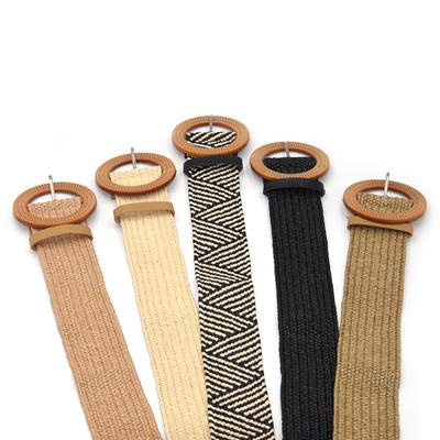 Sommer Damen Elastischer Gürtel Runde Schnalle Vintage Boho Stroh Gewebter Gürtel Kleidergürtel