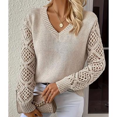 Dam Hålstickad Tröja Virkad Blomma Hålstickad V-ringad Pullover Långärmad Jacquardtopp Enfärgad Baströja Lös Casual Pendling Höst