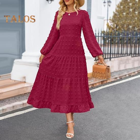 Herbst Winter Damen Kleid Lange Laternenärmel A-Linie Rundhals Großer Saum Punktapplikation Plissiert Einfarbig Dating Pendeln Midikleid