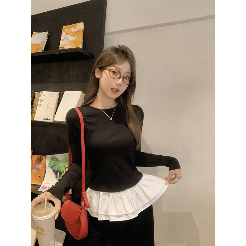 Korean Design Fake Two-piece Ruffled Long-sleeved Bottoming Shirt for Women In Autumn and Winter Brushed Plus Velvet Thickened Warm Top