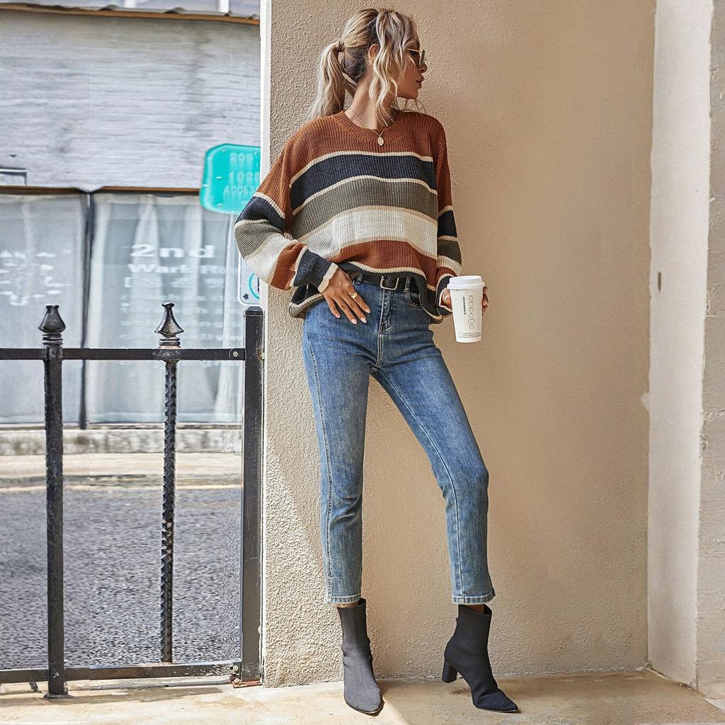 Women's Fashion Round Neck Sweater Lazy Loose Classic Striped Long Sleeves
