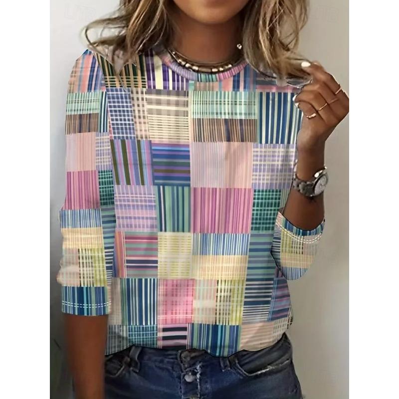 

Women s T Shirt Print Graphic Geometric Striped Vintage Fashion Stylish Long Sleeve Crew Neck Round Neck Regular Tops 8XL