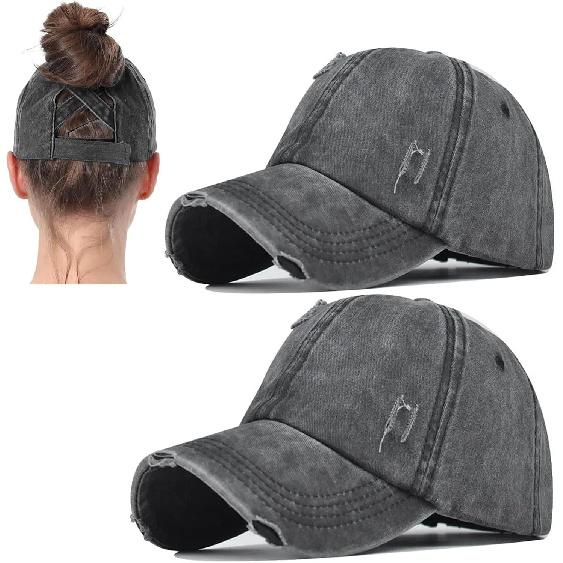 2 Packs Womens Ponytail Criss Cross Hat Baseball Cap Distressed Ponytail Hat High Messy Bun Trucker Ponycap