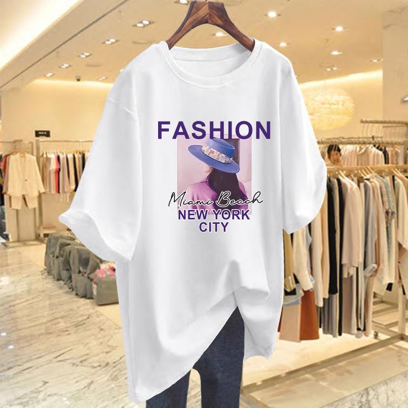 

pure cotton white t-shirt women s short-sleeved 2025 new loose large size medium and long summer thin bottoming top S