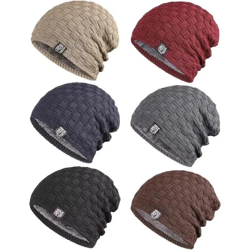 Mens Plush Lining Beanie Winter Hat Outdoor Sports Keep Warm Knitted Skully Hat Cycling Camping Cap Cold Weather Gear