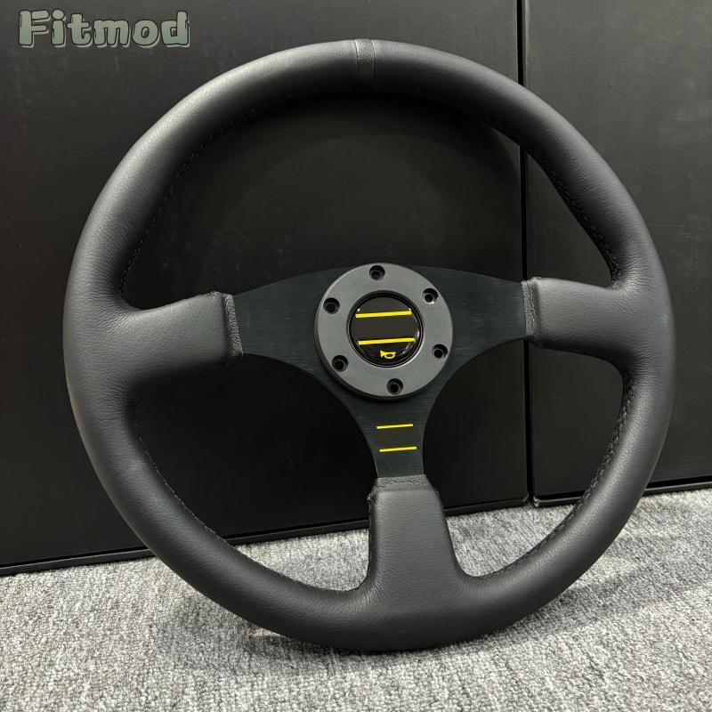 JDM 14-inch 350MM Racing Modified Leather Steering Wheel, Flat Drift Sports Game Steering Wheel PCD70MM