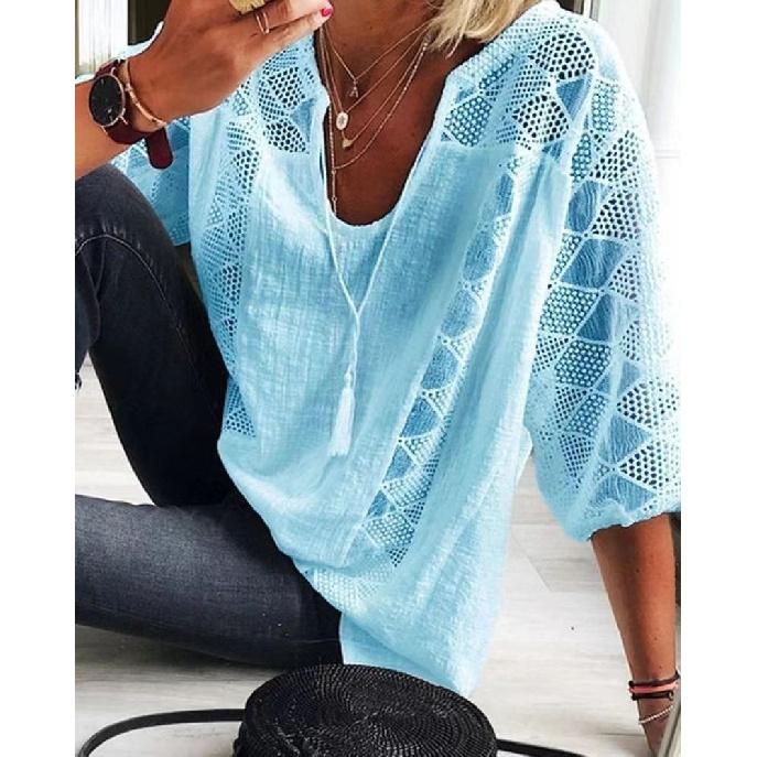2026 Spring New Women's Lace Hollow-Out Patchwork U-Neck Three-Quarter Sleeve T-Shirt Top