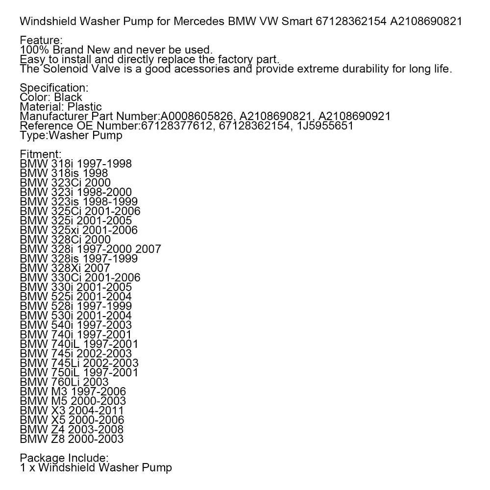 Artudatech Windshield Washer Pump for Mercedes BMW VW Smart 67128362154 A2108690821