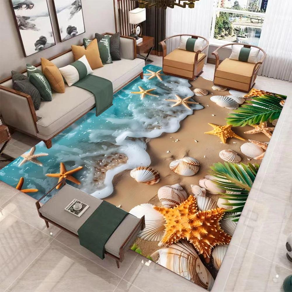 3d Starfish Beach Shell Sea Star Sand Carpet Rug for Living Room Bedroom Home Sofa Decoration,Kids Play Non-slip Floor Mat