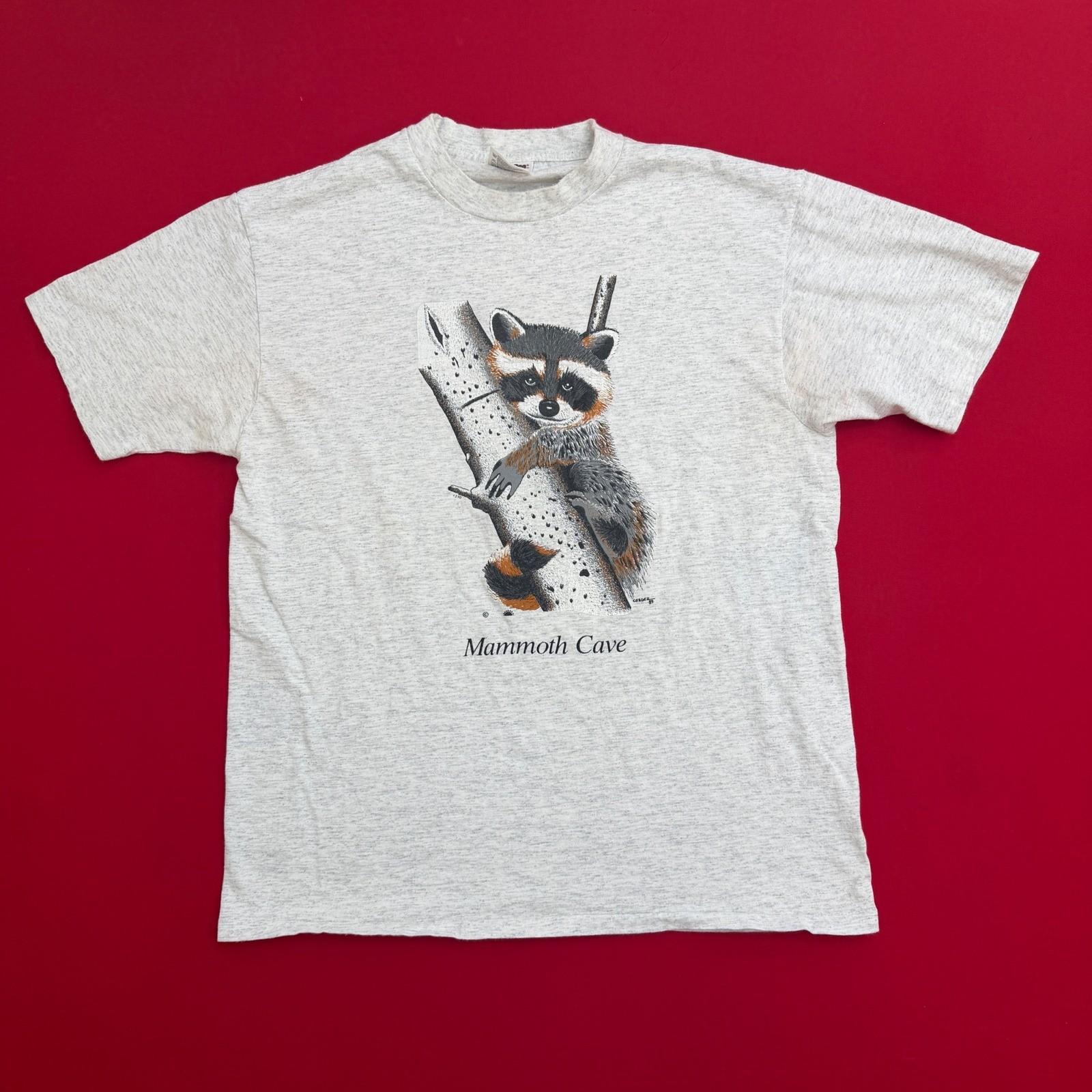 VTG 80 s Mammoth Cave Raccoon T Shirt Mens Large PowerPro Oneita Gray 90s Retro XXL