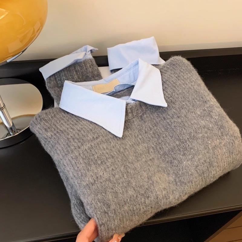 Women's Gray Color Block Layered Collar Sweater - Autumn Knit Top