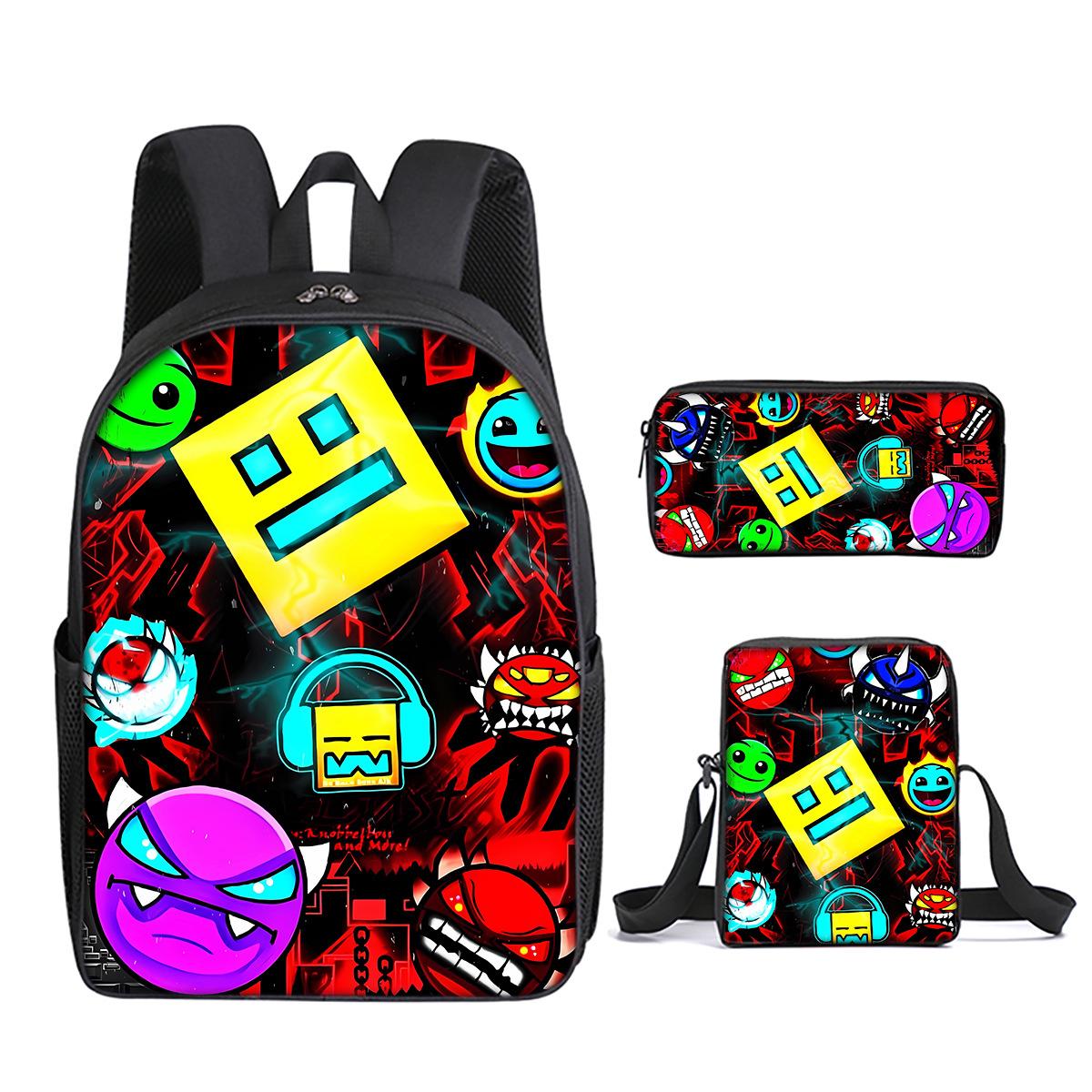 Klassiek Populair Geometry Dash 3D Geprint 3 stuks/Set leerling Schooltassen Laptop Dagrugzak Rugzak Schuin gedragen schoudertas Etui