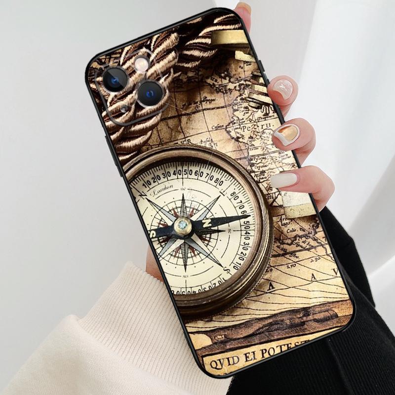 World Map Compass Nautical Phone Case For iPhone 11 12 13 14 15 16 Pro Max Mini X XR XS Max Plus Cover Funda
