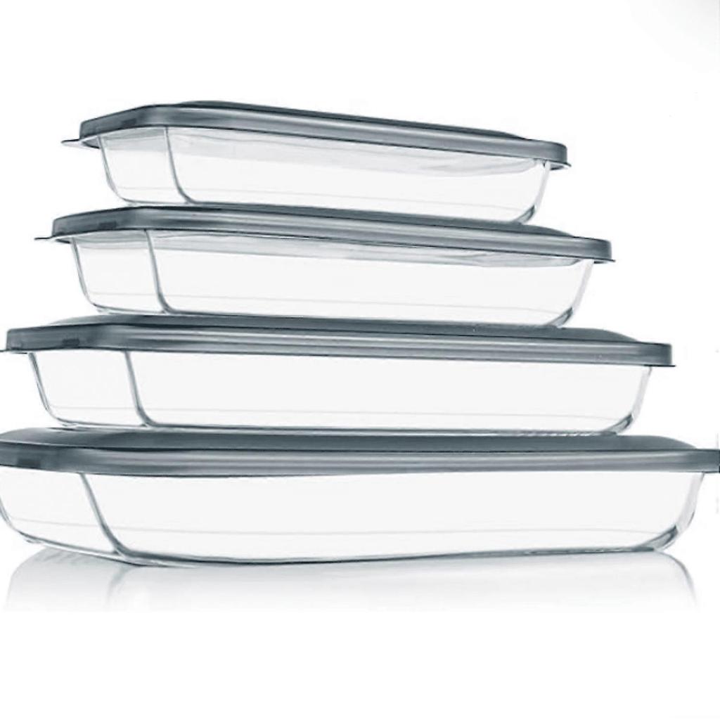 Rectangular Glass Baking Dish with Lids – Fridge-to-Oven, Lasagna & Leftovers, Gray
