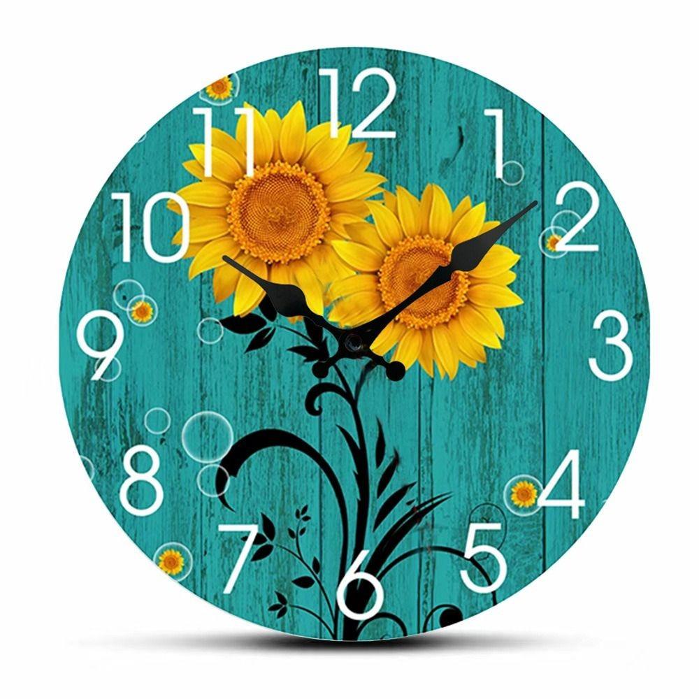 Wooden Retro Sunflower Clock Modern Round Silent Wall Clock Non-Ticking Hanging Wall Decor Clocks Bathroom