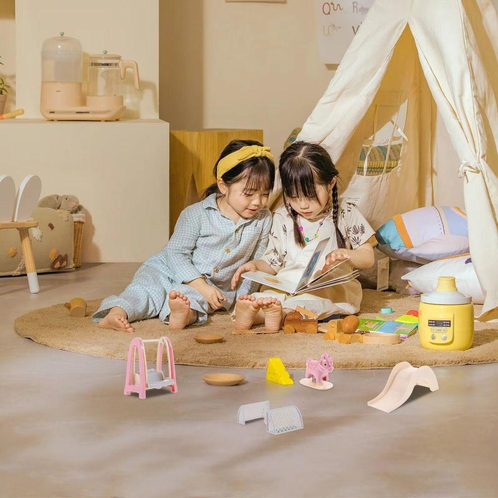 Wooden Horse Doll House Amusement Park Pretend Play Miniature Slide Swing  Model Decoration