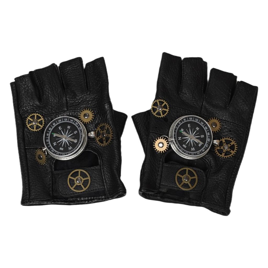 Steampunk Half Finger Leather Gloves with Gear Decor and Compass Design Retro Mechanical Style for Cosplay Riding