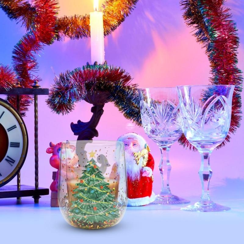 Drinking Cup with Christmas Tree Sparkles Double Walled Sparkling Christmas Tree Glass Mug for Warm Beverages