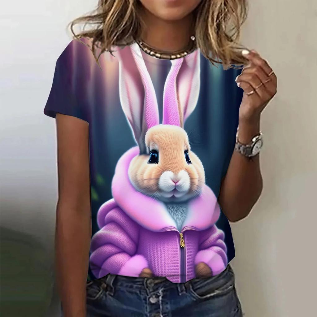 2024 New popular personality 3D women's T-shirt fun cute rabbit print ladies short-sleeved round neck top refreshing breathable